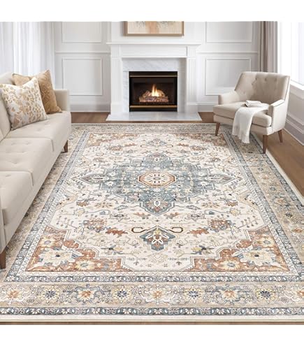 Vintage Boho Round Rug - Washable & Non-Slip, Perfect For Living Room, Bedroom, Nursery - 6ft Circle Carpet In Terracotta