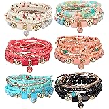 Udalyn 6 Sets Bohemian Stackable Bead Bracelets for Women Men Multilayered Bracelet Set Pendant Charm Stretch Bangles