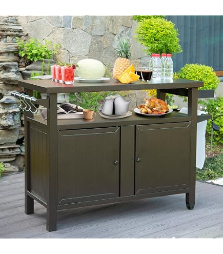 ROOMTEC Outdoor Grill Cart With Storage - Rolling Kitchen Island With Wheels, Spice Rack & Stainless Top