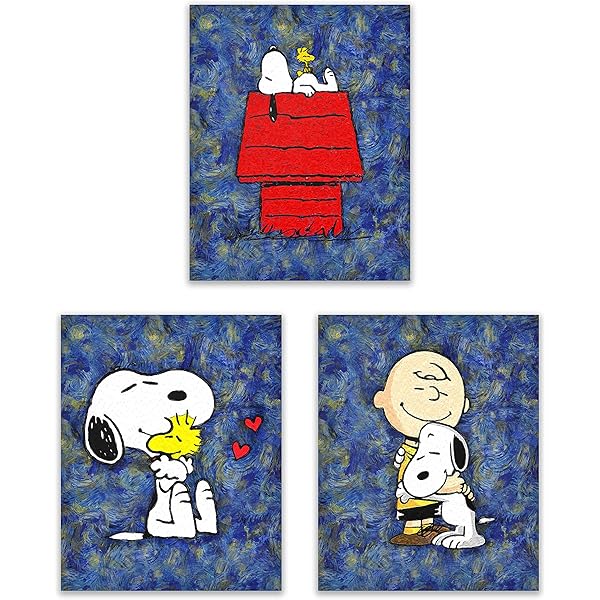 Amazon Co Jp スヌーピー 星月夜 ピーナッツ ギャング アートプリント ドッグハウスで フレンズ ウッドストックとチャーリーブラウン 当社のクラシックアニメーション子供用壁装飾 デラックスポスターコレクション 8x10インチの写真3枚セット ホーム キッチン