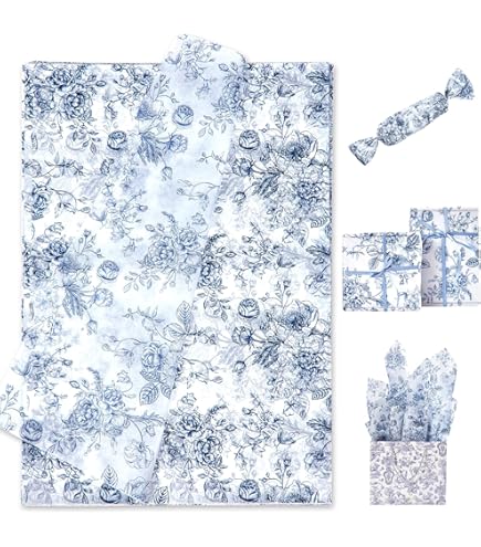 100 Sheets Light Cyan Tissue Paper 20x14 Inches - Vintage Floral Gift Wrap For Crafts & Parties