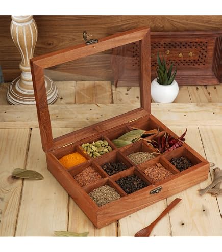 Amazon｜Ajuny 木製スパイスボックス - Masala Dabbaオーガナイザー