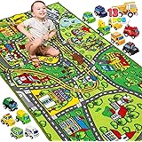 Carpet Playmat w/ 12 Cars Pull-Back Vehicle Set for Kids Age 3+, Jumbo Play Room Rug, City Pretend Play