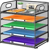 Cawukege 5 Tier Paper Organizer with Handle, Black Metal Mesh Desk Organizer File Folder Paper Letter Tray Desktop Document S