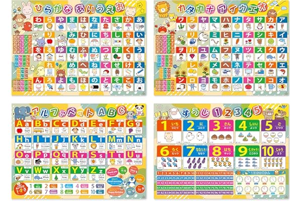 お風呂ポスター (ひらがな カタカナ あいうえお 数字 アルファベット 英語) ４枚セット 知育ポスター 小学校受験 受験対策 A2 サイズ 防水仕様 日本製 デスクマット向 知育 学習玩具