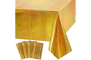 4 Pack Iridescence Plastic Tablecloths Shiny Disposable Laser Rectangle Table Covers Holographic Foil Tablecloth Iridescent Party Decoration Birthday Bridal Wedding Christmas 54" x 108" (Gold)