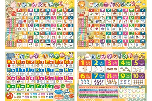 お風呂ポスター (ひらがな カタカナ あいうえお 数字 アルファベット 英語) ４枚セット 知育ポスター 小学校受験 受験対策 A2 サイズ 防水仕様 日本製 デスクマット向 知育 学習玩具 おもちゃ