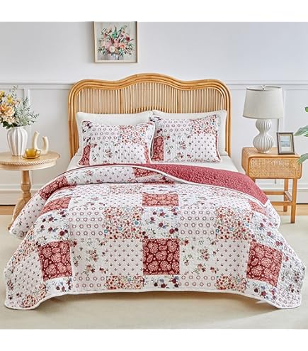 Amazon｜花柄パッチワークキルトセット 2ピース ツインサイズ グリーン