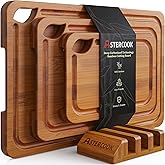 Astercook Deep Carbonized Bamboo Cutting Boards for Kitchen with Wooden Storage Stand, Reversible Charcuterie and Grooved Jui