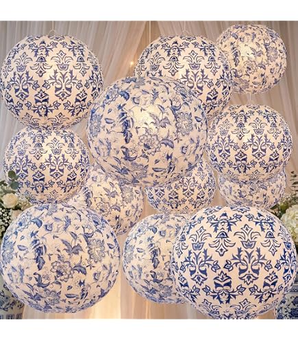 KAXIXI Chinoiserie Paper Lantern Set – 10-Pack 12-Inch Blue & White Porcelain Print, Hanging Decor For Weddings, Baby Showers & Home