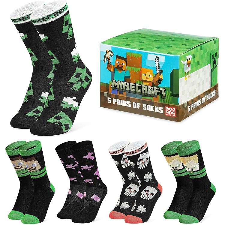 Minecraft Boys Socks Set Of 5 | Childrens Back To School Calf Socks With Creeper Diamond Sword And Tnt Print In Black Kids 5 Pack Socks For Gamers Mojang Games Merchandise Gift - View #11