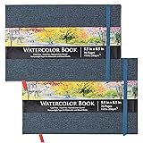 U.S. Art Supply 5.5インチ x 8.5インチ 水彩画ブック 2冊パック 76シート 110ポンド (230gsm) - リネン綴じハードカバーアーティストペーパーパッド - 無酸性 コールドプレス加工 ブラシペインティング & ドロ