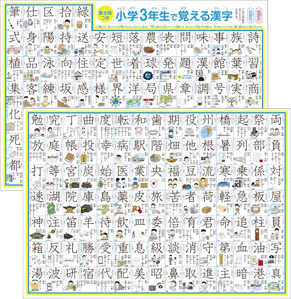 【防水】 小学三年生で習う漢字表 お風呂ポスター 3年生 A3ユポ紙(2つ折りのA4梱包) 2枚 書き順・使用例・イラスト付き 防水 - 1