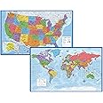 Laminated World Map & US Map Poster Set - 18" x 29" - Wall Chart Maps of the World & United States - Made in the USA - Update