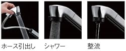 シャワ＆ストレート切替え、ホース引出し式シャワー
