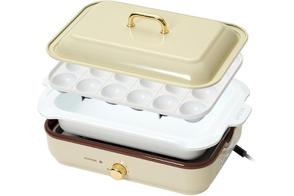 アイリスオーヤマ ホットプレート コンパクト 着脱式 温度調節機能付き たこやき器 深鍋 プレート 2枚 1000W 簡単お手入れ サーモスタット機能 洗いやすい おしゃれ 保証付き PHP-1002TC-VC バニラクリーム