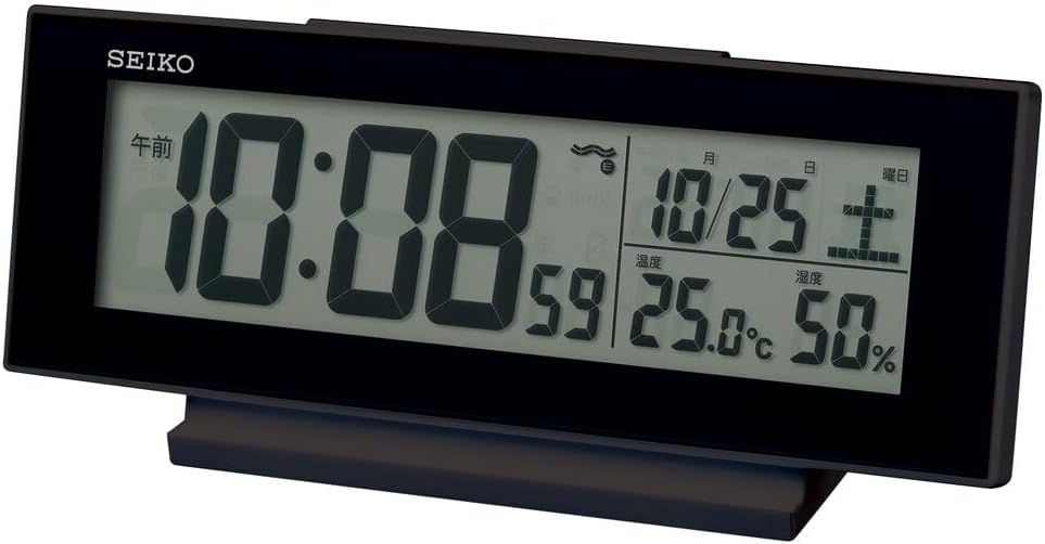 セイコークロック 目覚まし時計 SQ324K 電波デジタル 黒・一部黒 | 常時点灯| カレンダー・温度・湿度表示| 夜でも見える| 82×206×51mm