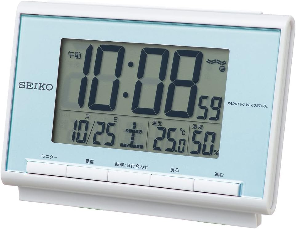 セイコークロック 目覚まし時計 電波 デジタル SQ698L 薄青パール | カレンダー表示| 温度表示| 湿度表示