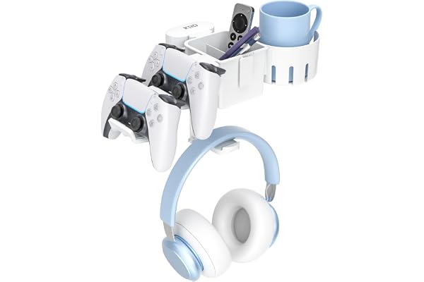 KDD 5 in 1デスクオーガナイザー — 回転式ヘッドホン スタンド付きドリンクホルダー デスク — ヘッドフォン掛け 取り外し可能なコントローラー スタンド — ペン立てとカップホルダー付き 簡単設置 安定性 — ヘッドホンハンガー 卓上収納が