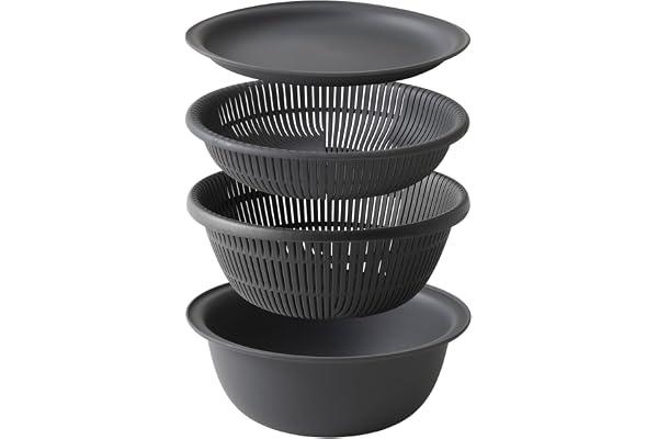 マーナ (marna) ザルボウル 21cm 4点セット (電子レンジ対応/耐熱/重ねて使える) トレー付き (食洗機 対応) | 時短料理 食洗機対応 耐熱ボウル 蒸し器 電子レンジ調理器 ザル ボウル セット ダークグレー K838DGY