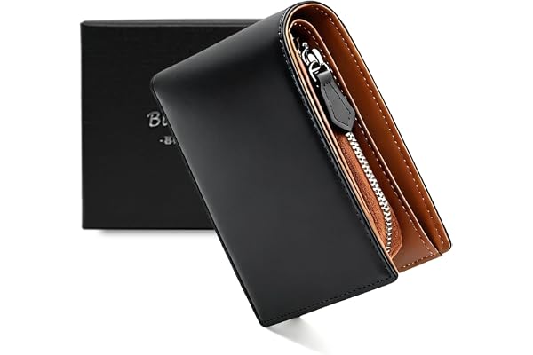 Bluesay メンズ 二つ折り財布 栃木レザー 本革 ブラック | 大容量| YKKファスナー| 日本の熟練職人の技| コンパクト| ギフトBOX入り