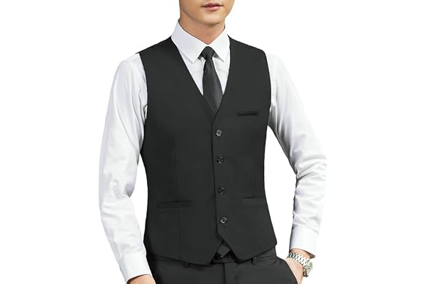 [Manatsulife] スーツベスト メンズ ビジネス 尾錠付き 4ボタン Vネック ポケット付き MJ8801 | ジレ スリム 無地 結婚式 洗濯機可 フォーマル 紳士 サラリーマン 卒業式 シルエット 重ね着 着回し