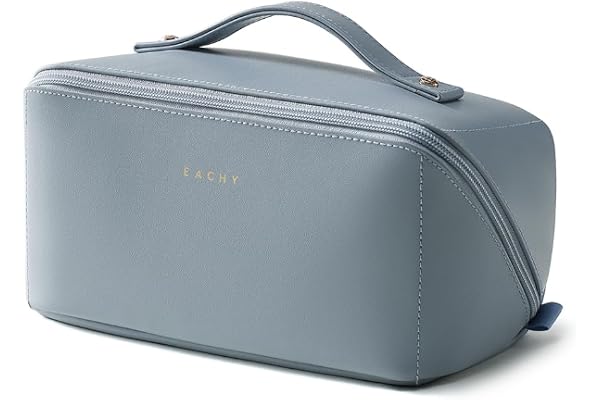 EACHY 旅行用メイクアップバッグ、大容量女性用コスメバッグ、防水ポータブルポーチ オープンフラットトイレタリーバッグ 柄メイクアップバッグ (青, 中くらい)