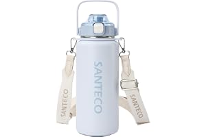 SANTECO 水筒 真空断熱スポーツボトル 1.2L 取りはずしでき肩に 保冷 保温 魔法瓶 ストロー付き 直飲み スポーツドリンク対応 おしゃれ 広口 (クラウドブルー)