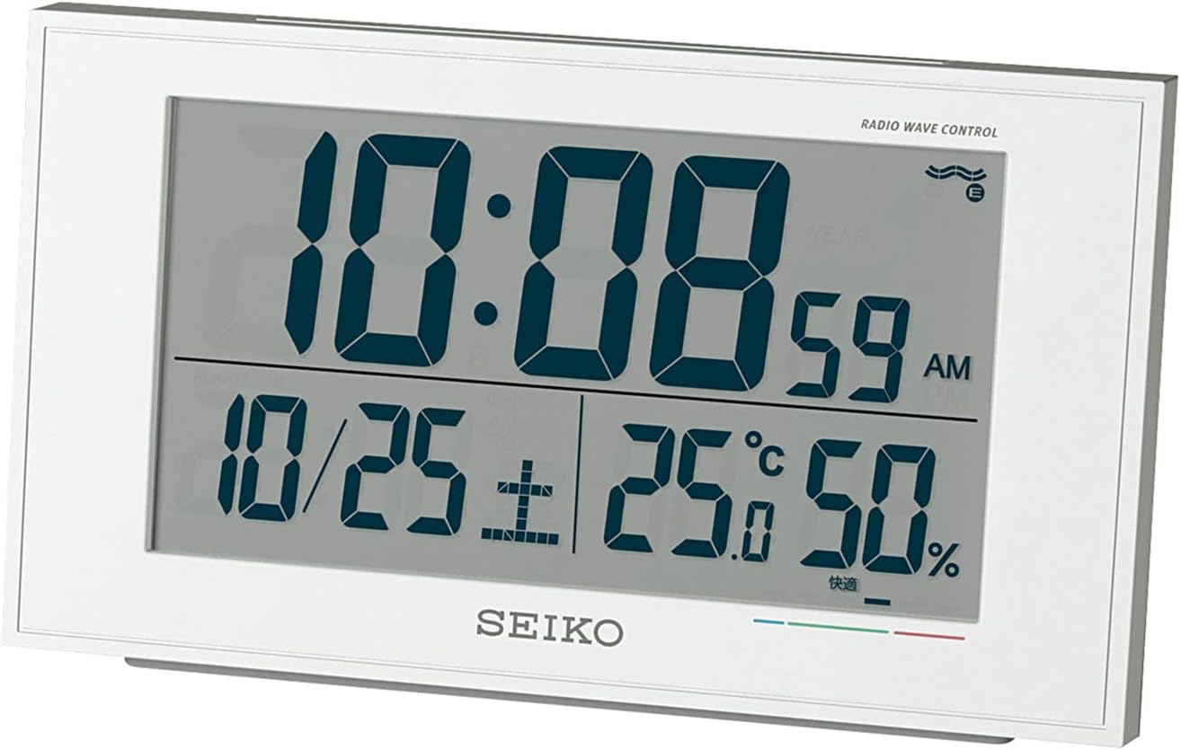 セイコー クロック 置き時計 目覚まし時計 電波 デジタル BC402W 白パール | カレンダー| 快適度表示| 温度湿度表示| 本体サイズ:8.5×14.8×5.3cm
