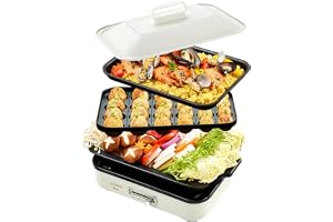 SOLEMOOD ホットプレート おしゃれ‎ たこ焼き 焼肉 パエリア アヒージョ お手入れ簡単 洗いやすい 温度調節機能 プレート種類組み合わせて選択可能 一人暮らし 2人 3人用にも (ホワイト, プレート3種(平面・たこ焼き・鍋))