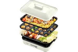 SOLEMOOD ソールムード コンパクトホットプレート グリル鍋 着脱式プレート 温度調節機能付き 洗いやすい おしゃれ かわいい 1000W高出力 プレート選択可能 1~4人用 小型 ひとり暮らし にも (ホワイト, プレート3種(平面・たこ焼き
