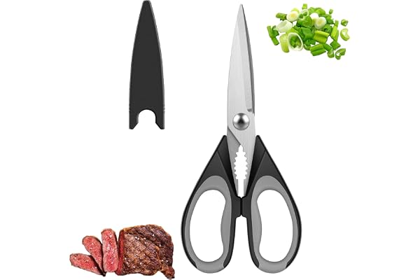 FGIUKC キッチンバサミ 調理バサミ 料理ハサミ 手が疲れにくい ナッツクラッカー ボトルオープナー 肉切りハサミ 牛肉 鶏肉 魚の骨 野菜に最適 食洗機対応 220mm (ブラック&グレー)