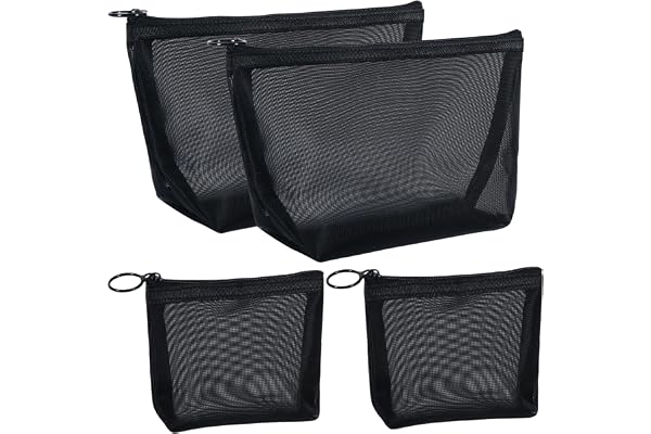 besharppin 4枚入り メッシュ化粧ポーチ, ナイロン メイクポーチ 化粧品収納 小物入れ 出張・旅行用 (ブラック)