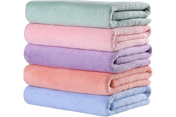 Oseamaid マイクロファイバー バスタオル 大判 5枚セット (ブルーピンクグリーンレッドパープル) 約60×120cm | 吸水 速乾 ふんわり肌触り 毛羽落ちしにくい 乾きやすい 耐久性 お風呂上がり バス用品 家庭用 業務用 オールシーズ